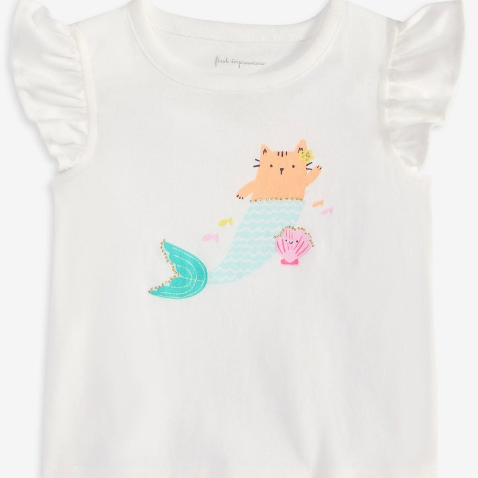 First Impressions Baby Girl's Angel White Kitty Mermaid Graphic Flutter-Sleeve T-Shirt