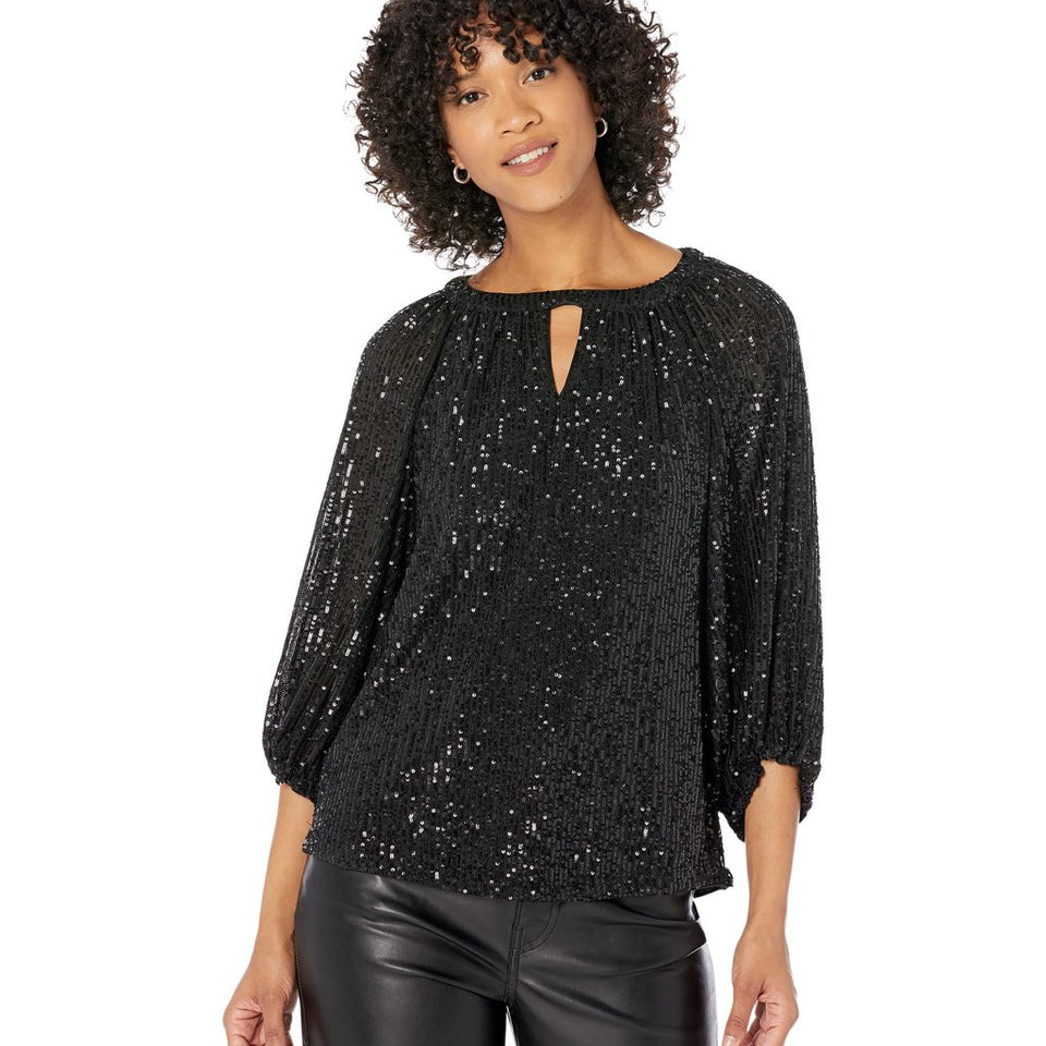 Vince Camuto Women's Rich Black Raglan Sleeve Keyhole Blouse