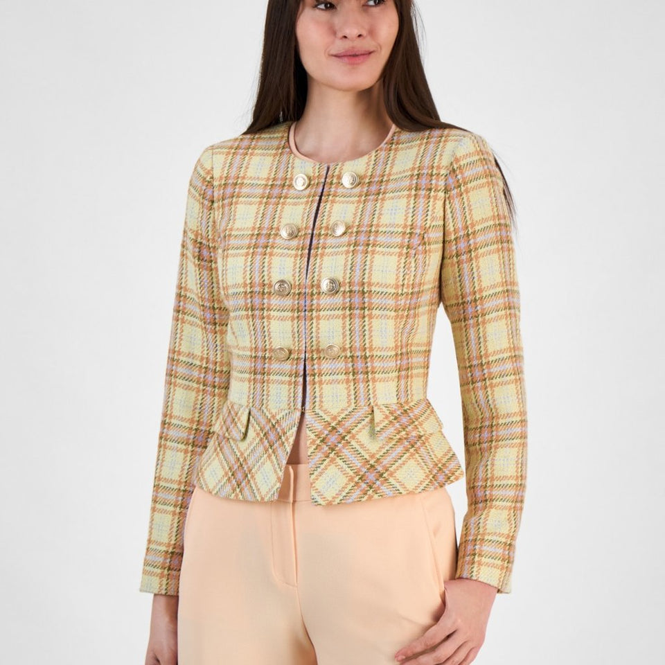 Tahari ASL Women's Beige Butter Peach Faux Button Blazer