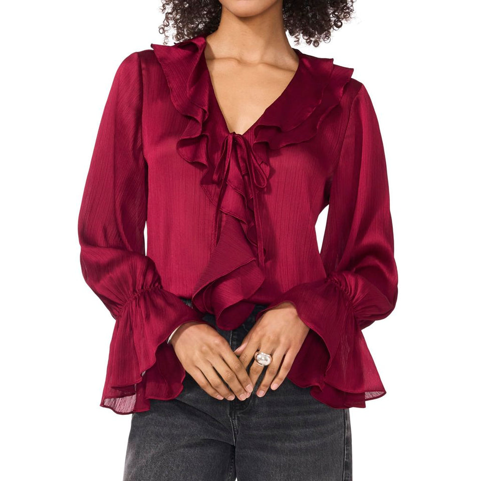 Vince Camuto Women's Wine Double Ruffle Front V-Neck Blouse