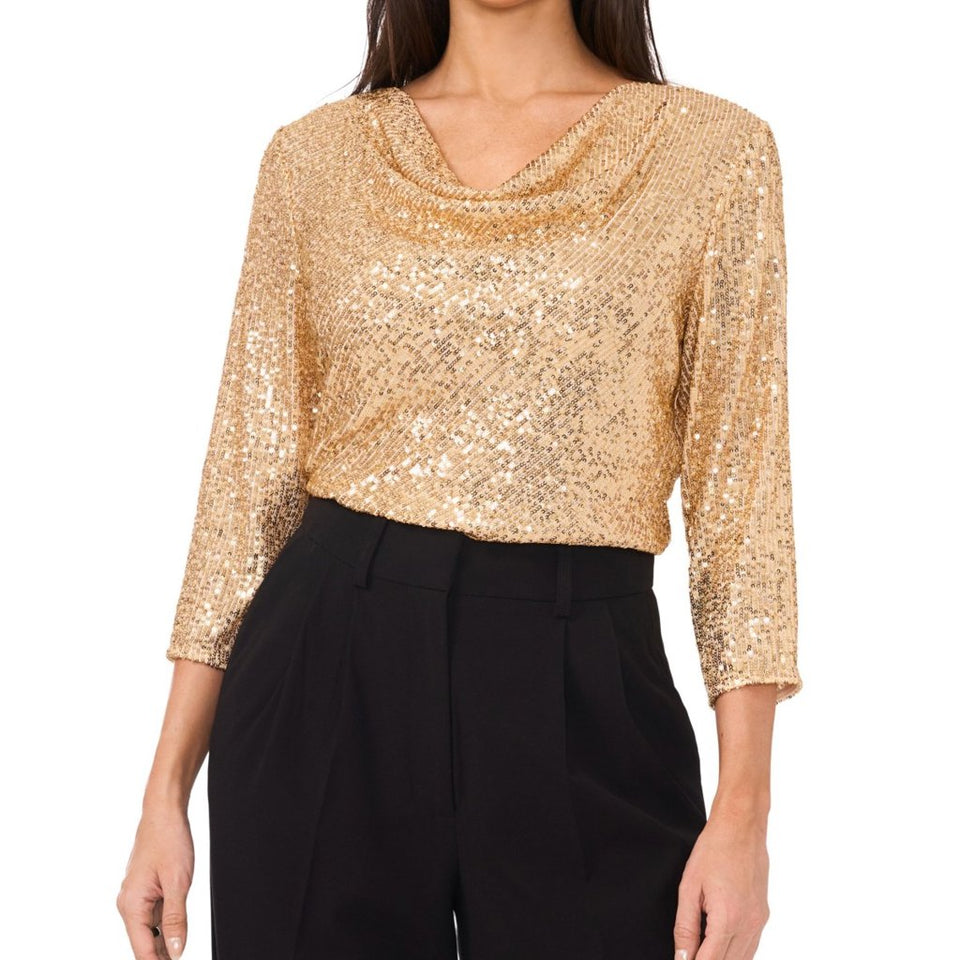 Vince Camuto Womens Gold Sequined Cowlneck Blouse