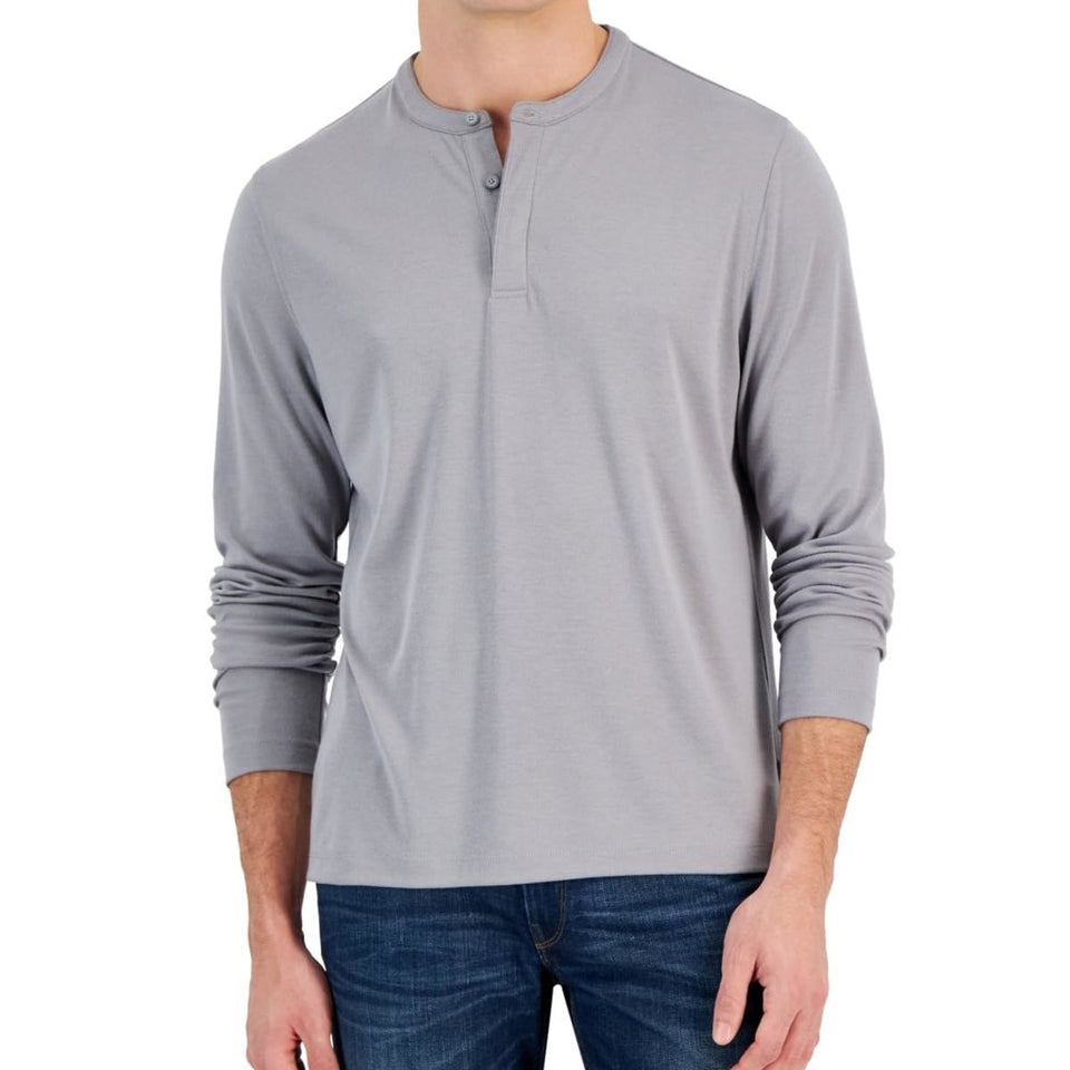 Alfani Men's Grey Regular Fit Henley Plain Blouse