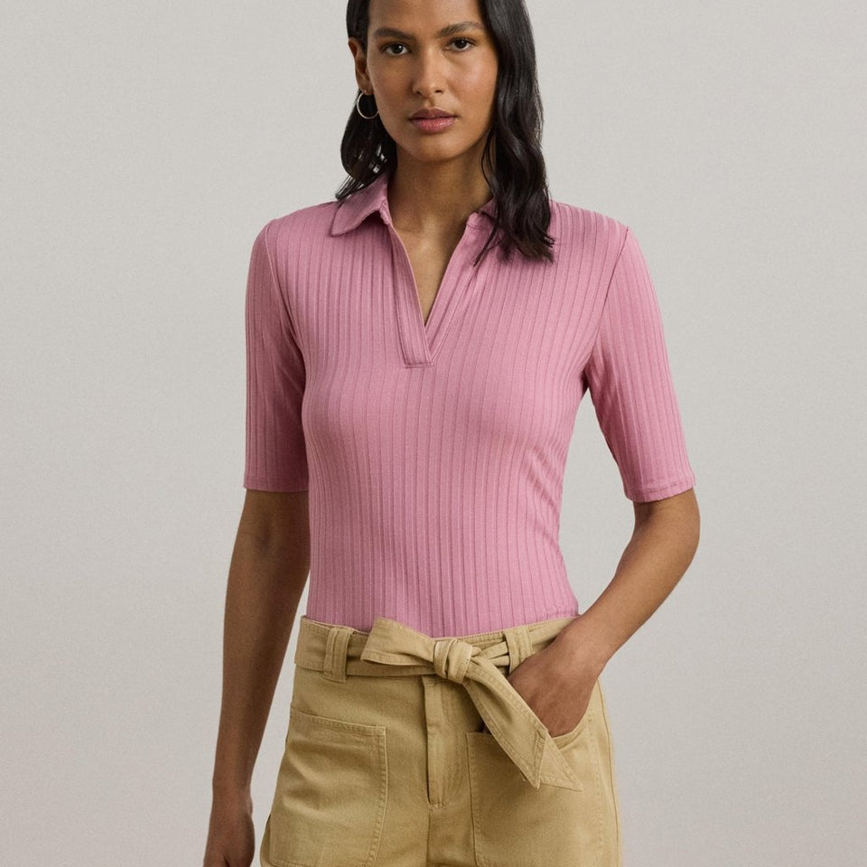Lauren Ralph Lauren Women's Rose Mauve Rib-Knit Elbow-Sleeve Polo 