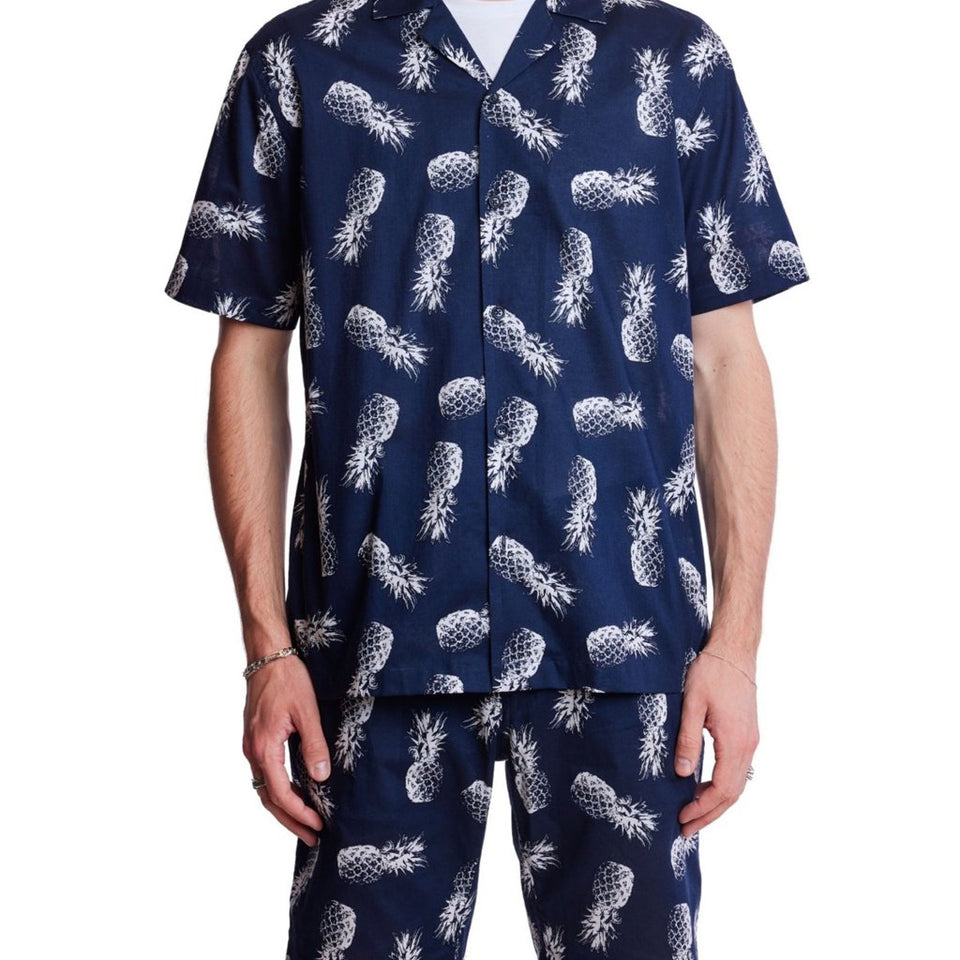 PaisleyGrey Men's Navy Pineapple Print Slim Fit Camp Shirt