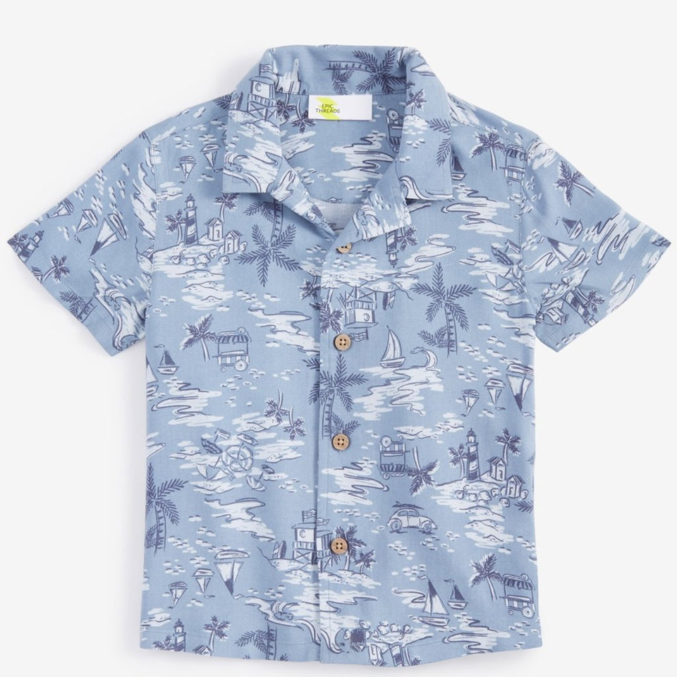 Epic Threads Boy's Blue Ash Scenic Camp Collar Short Sleeve Shirt