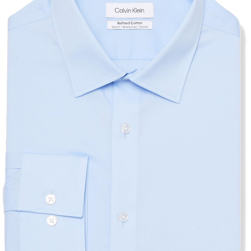 Calvin Klein Men's Light Blue Slim Fit Refined Cotton Stretch Dress Shirt