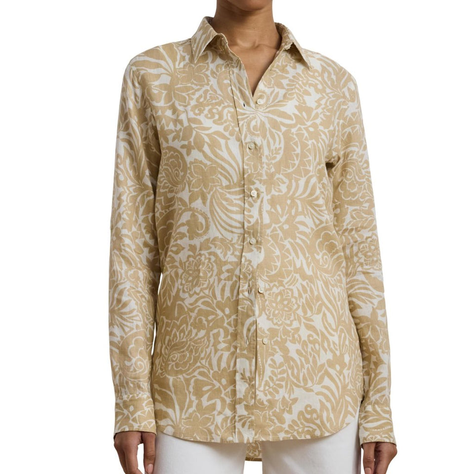 Lauren Ralph Lauren Women's Cream & Tan Relaxed Fit Floral Linen Shirt