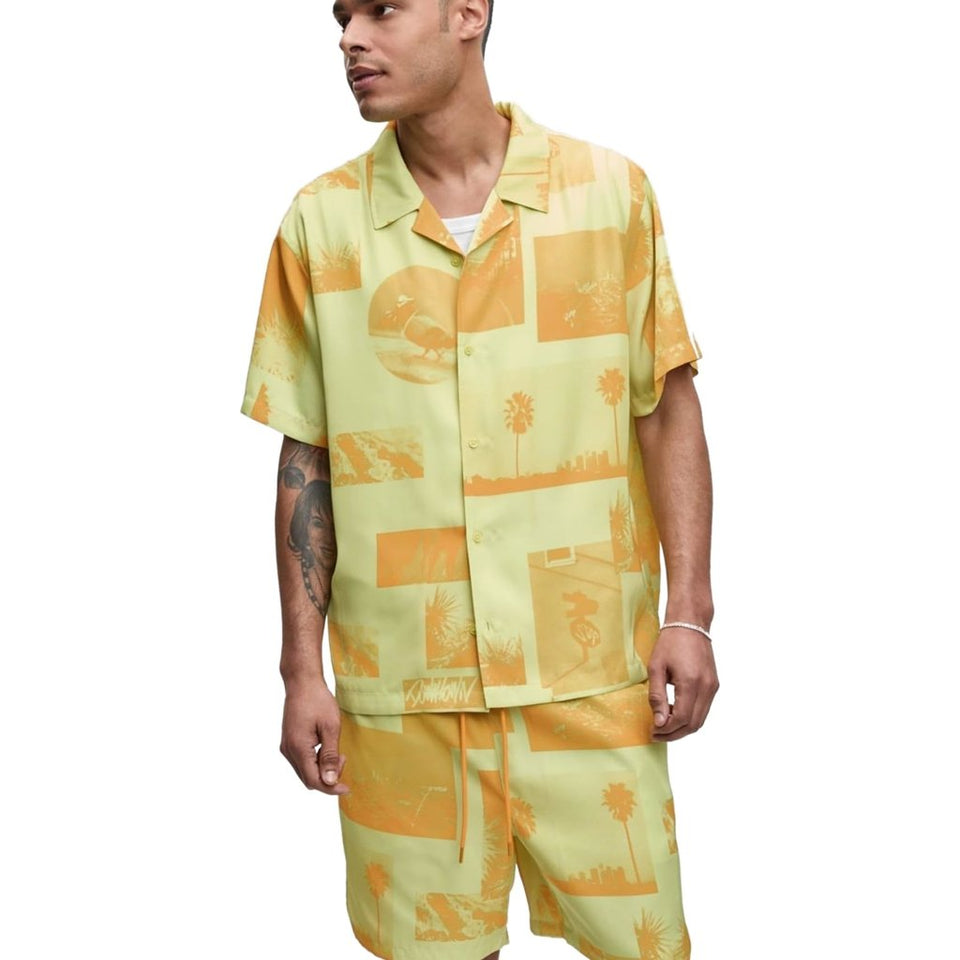 Mode Of One Men's Yellow & Orange Photoreal Collage Camp Collar Button Up Shirt