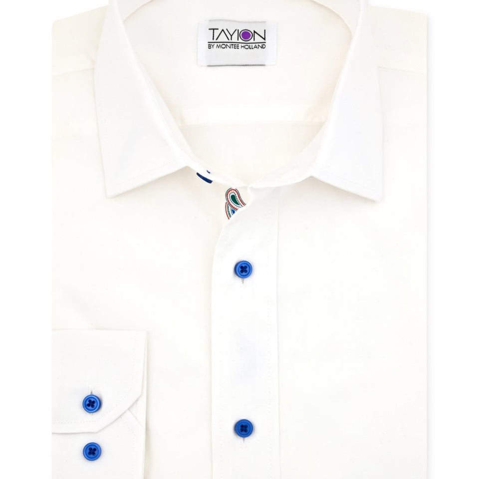Tayion Collection Men's Off White Slim-Fit Stripe-Placket Dress Shirt