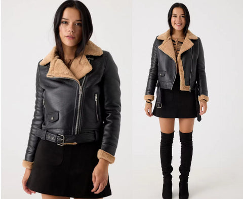Inside Women's Black Leather Lapel Collar & Wool Inner Lining Jacket | Inside In Lebanon