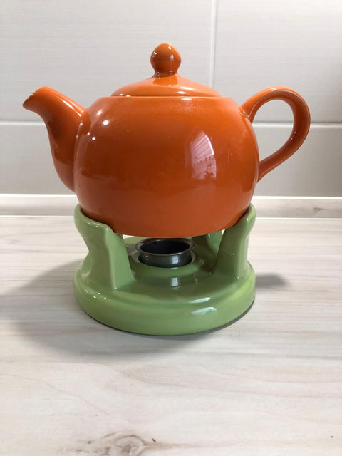 Mg Varticles Orange & Green Glass Tea Pot With Warmer | Mg Varticles In Lebanon
