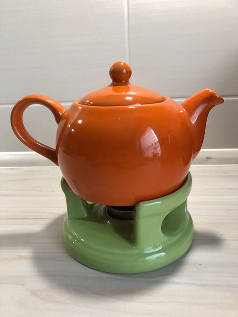 Mg Varticles Orange & Green Glass Tea Pot With Warmer | Mg Varticles In Lebanon