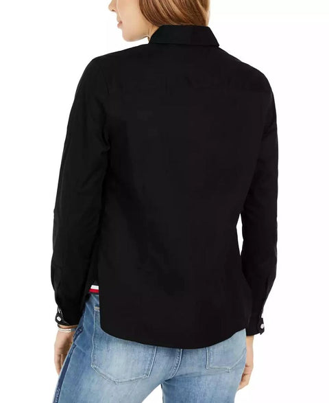 Tommy Hilfiger Women's Black Cotton Roll-Tab Button-Up Shirt|Tommy Hilfiger In Lebanon