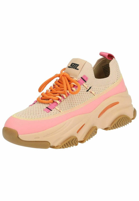 Beige and pink sneaker with orange laces on a white background