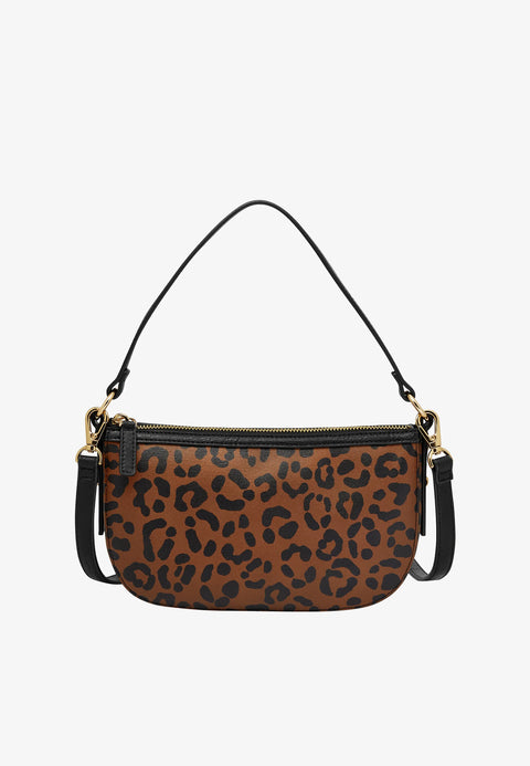 Leopard print handbag with black straps on a white background