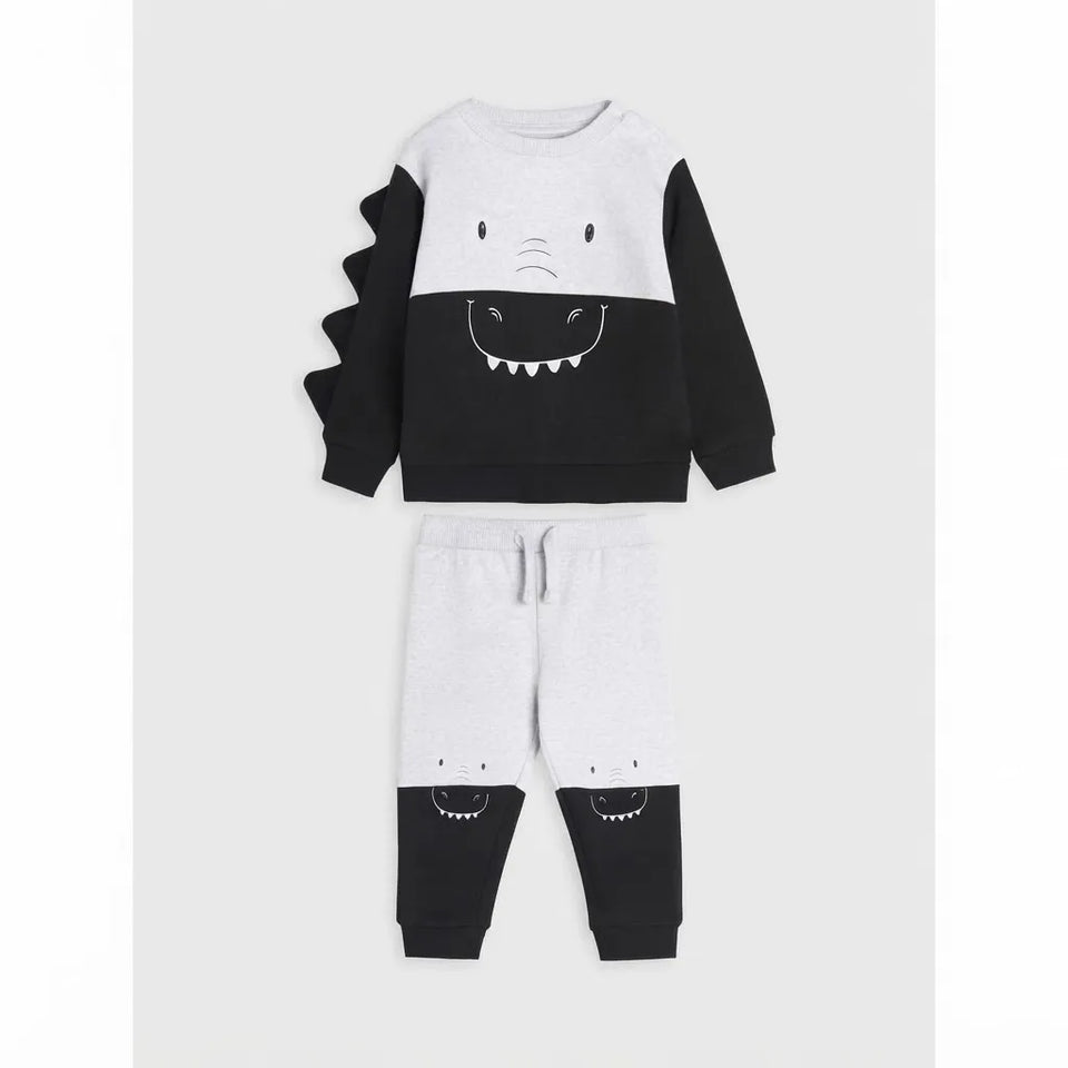 Sinsay Baby Boy's Black and Light Grey Crewneck Animal Printed Sweatshirt with a Matching Sweatpants Set