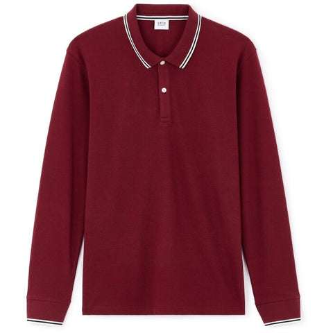 Maroon long-sleeve polo shirt with white trim on a white background