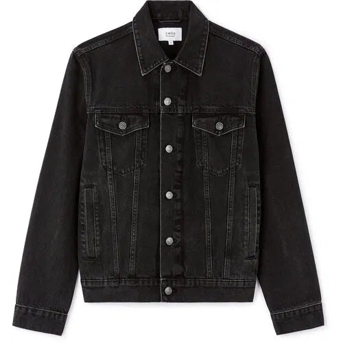 Black denim jacket on a white background