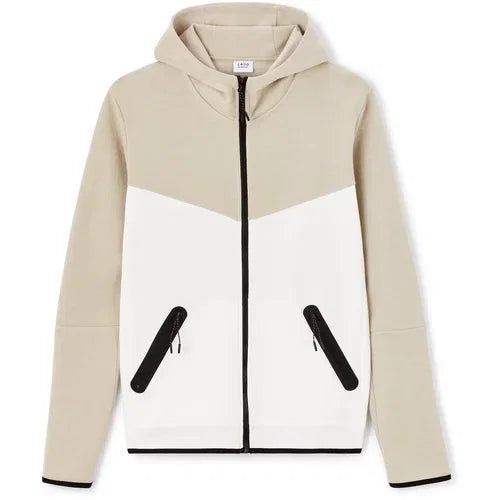 Beige and white hoodie with black accents on a white background