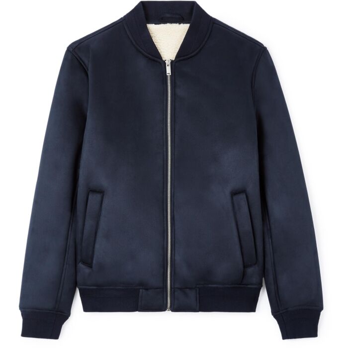 Navy blue bomber jacket with a white interior lining on a white background
