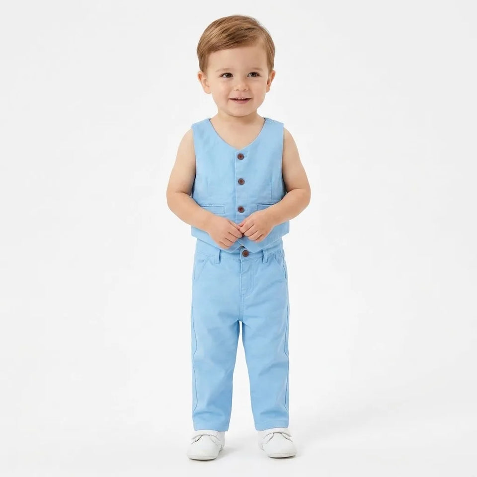 A toddler standing against a plain white studio background, wearing a light blue sleeveless button-front vest and matching light blue pants with white shoes.
