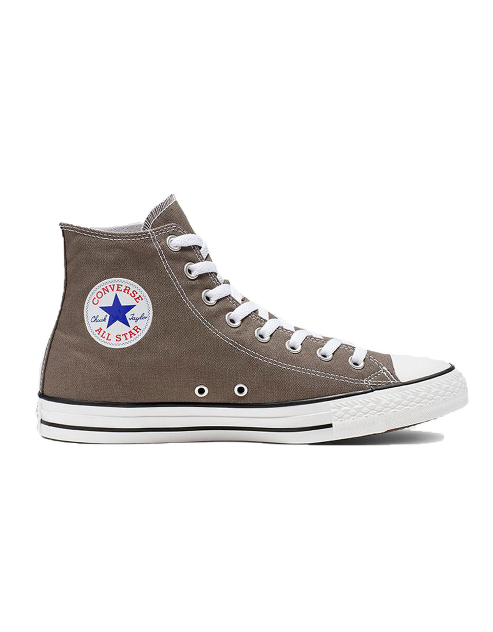 Brown high-top sneaker with white laces and sole on a white background
