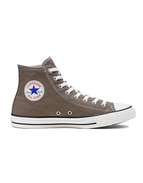 Brown high-top sneaker with white laces and sole on a white background