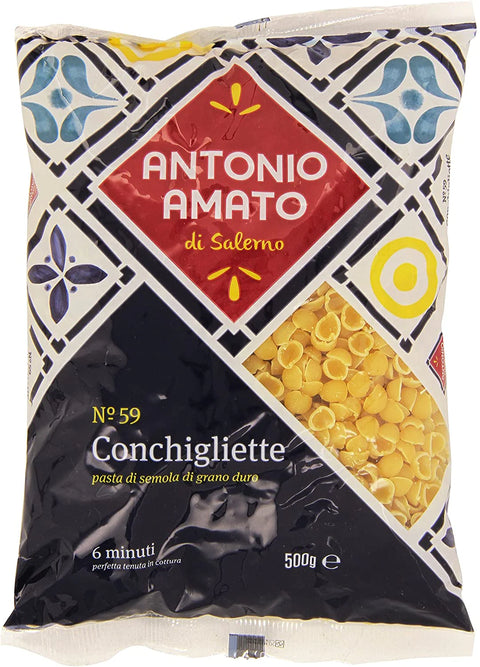 Pasta package with 'Antonio Amato' branding and colorful design