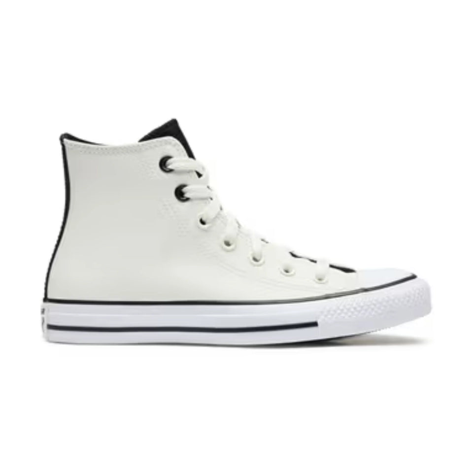 A classic high-top sneaker in off-white canvas with black trim, white laces, and a black rubber toe cap, shown from a side profile on a white background.