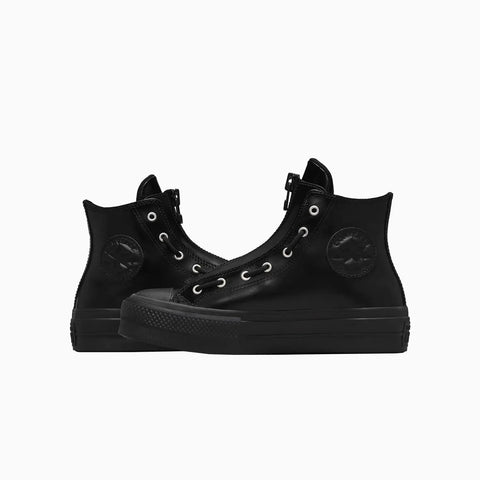 Black high-top sneakers on a white background