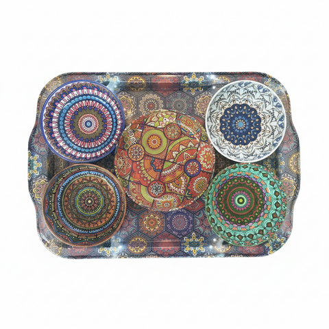 Decorative tray with colorful mandala designs on a white background