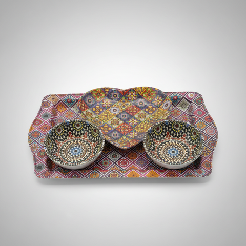 Decorative tray with two bowls featuring intricate patterns on a white background