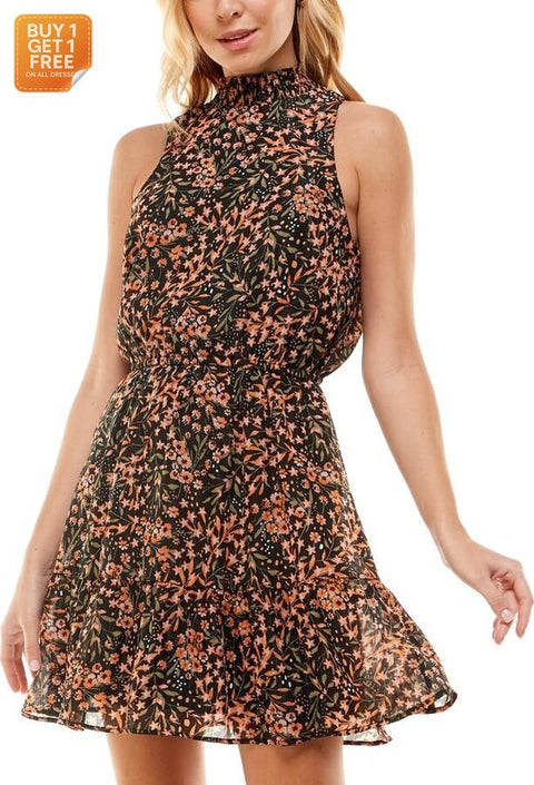 Crystal Doll Women's Multicolor Mock Neck Smocked Waist Dress | Crystal Doll in Lebanon