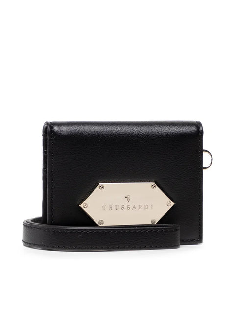 Trussardi Women's Black Leather Peony Card Holder Wallet |Trussardi In Lebanon