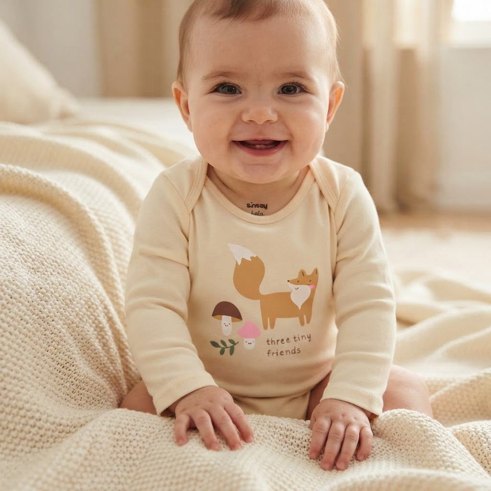 A smiling baby sitting on a cream knit blanket, wearing a light beige long-sleeve bodysuit with a woodland forest graphic of a fox, mushroom, and flower with the text 'three tiny friends'.
