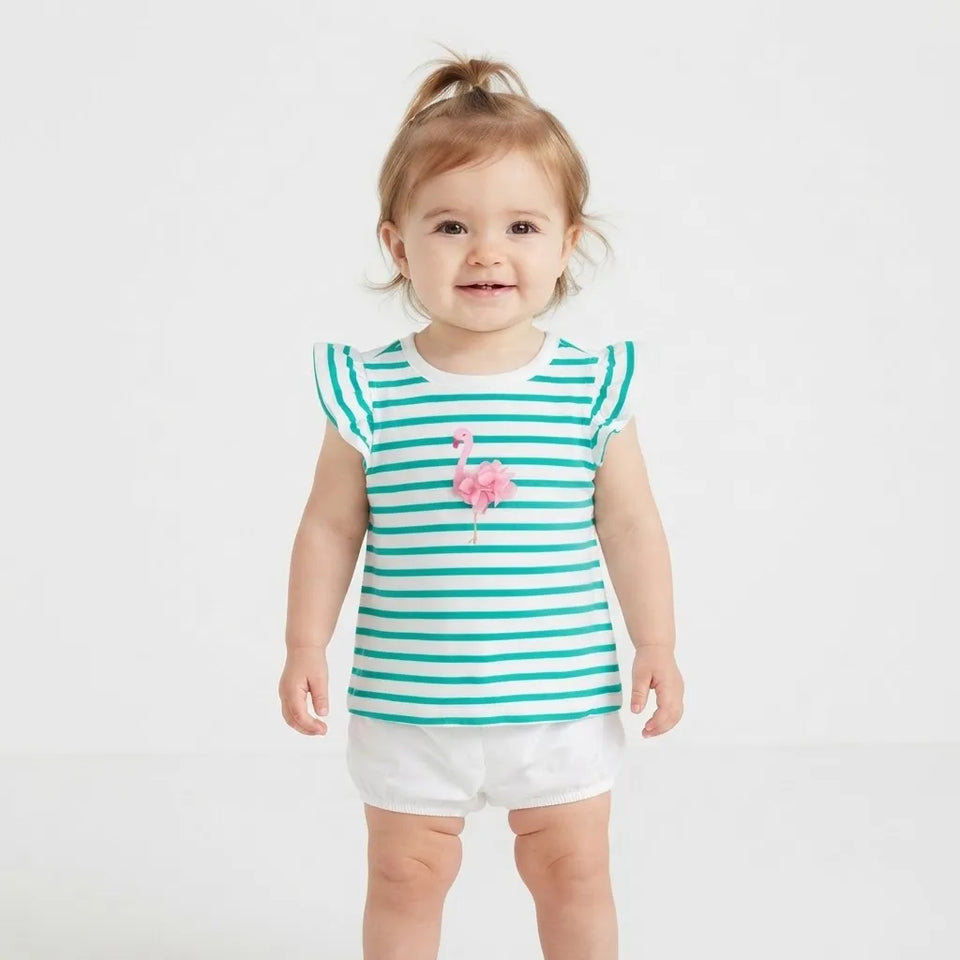 First Impression Baby Girl's White & Green Striped Flamingo Graphic Short-Sleeve T-Shirt