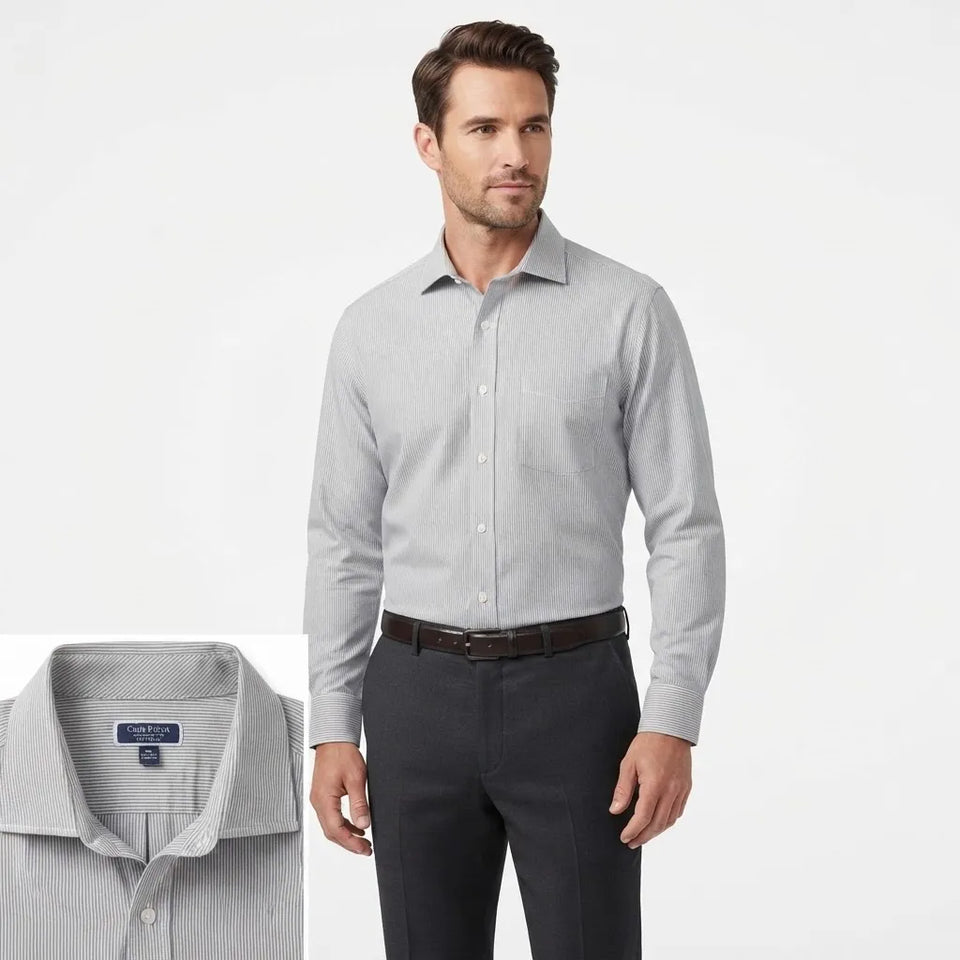 A man modeling a light gray long-sleeve dress shirt with a subtle micro-geometric pattern, paired with dark gray trousers and a brown belt. An inset in the bottom-left corner shows a close-up of the shirt's collar and inner neck label, which reads 'Sutton'.