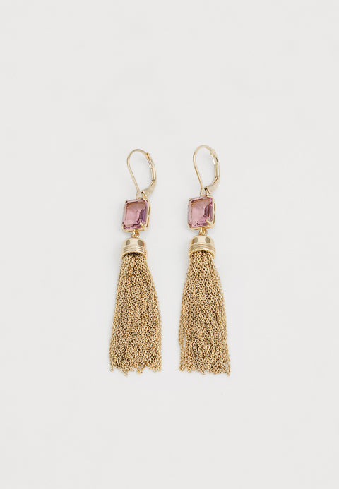 Gold tassel earrings with pink gemstones on a light gray background