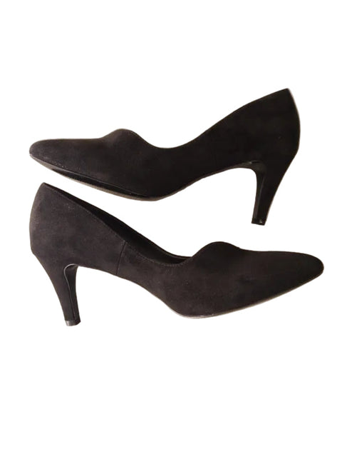 Pair of black high-heeled shoes on a white background