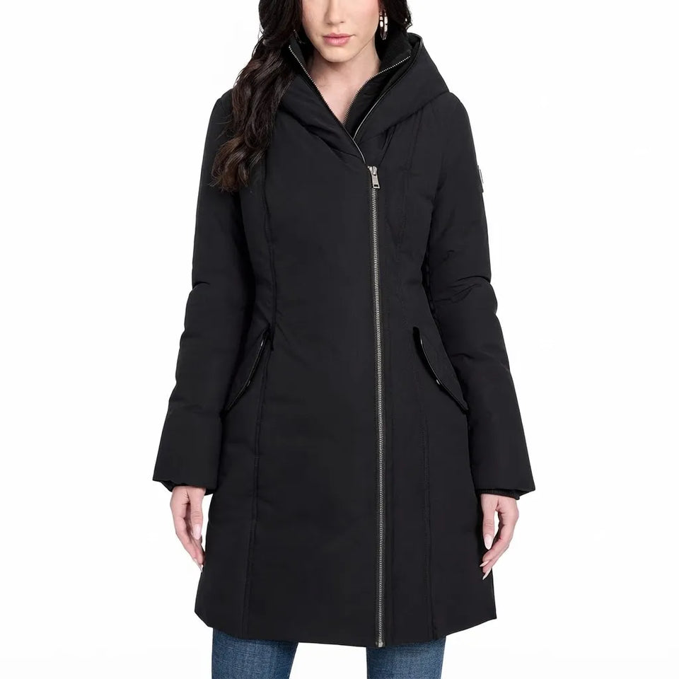 A woman wearing a black hooded puffer parka with a front zipper, shown against a plain white background.