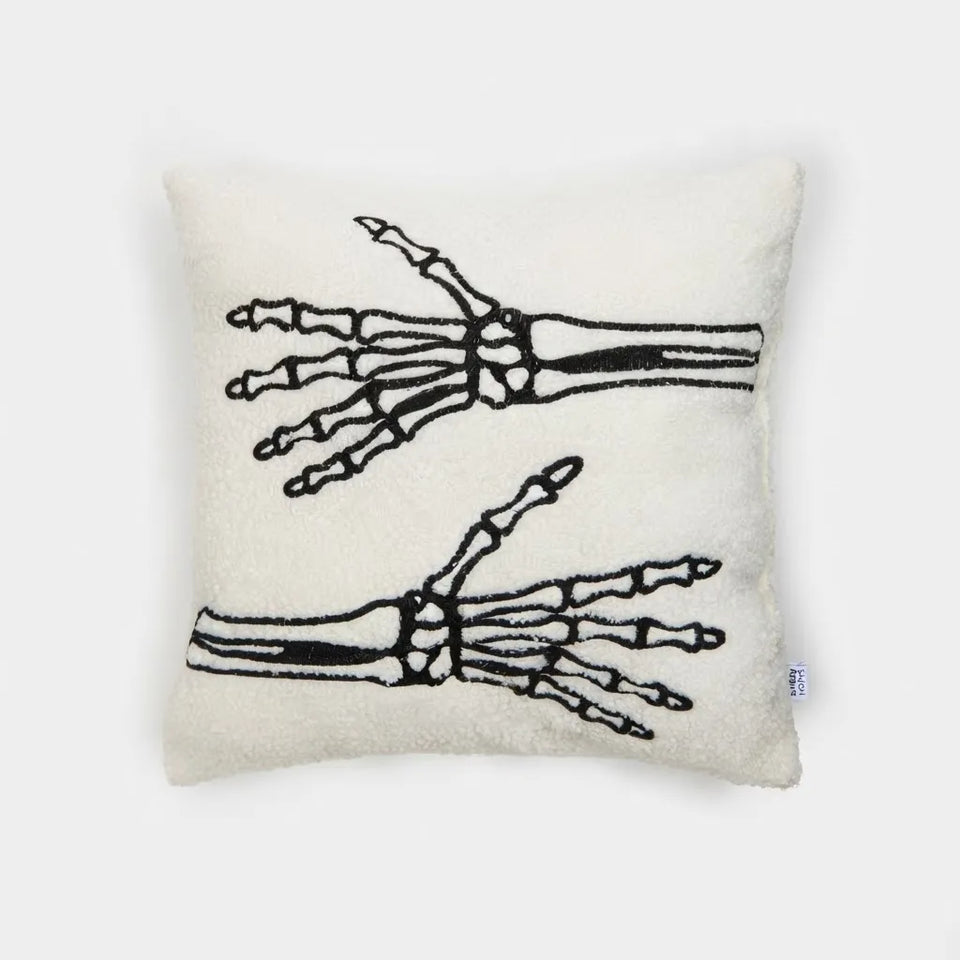 Sinsay White Square Shape Fleece Fabric Embroidered with Black Skeleton Decorative Cushion