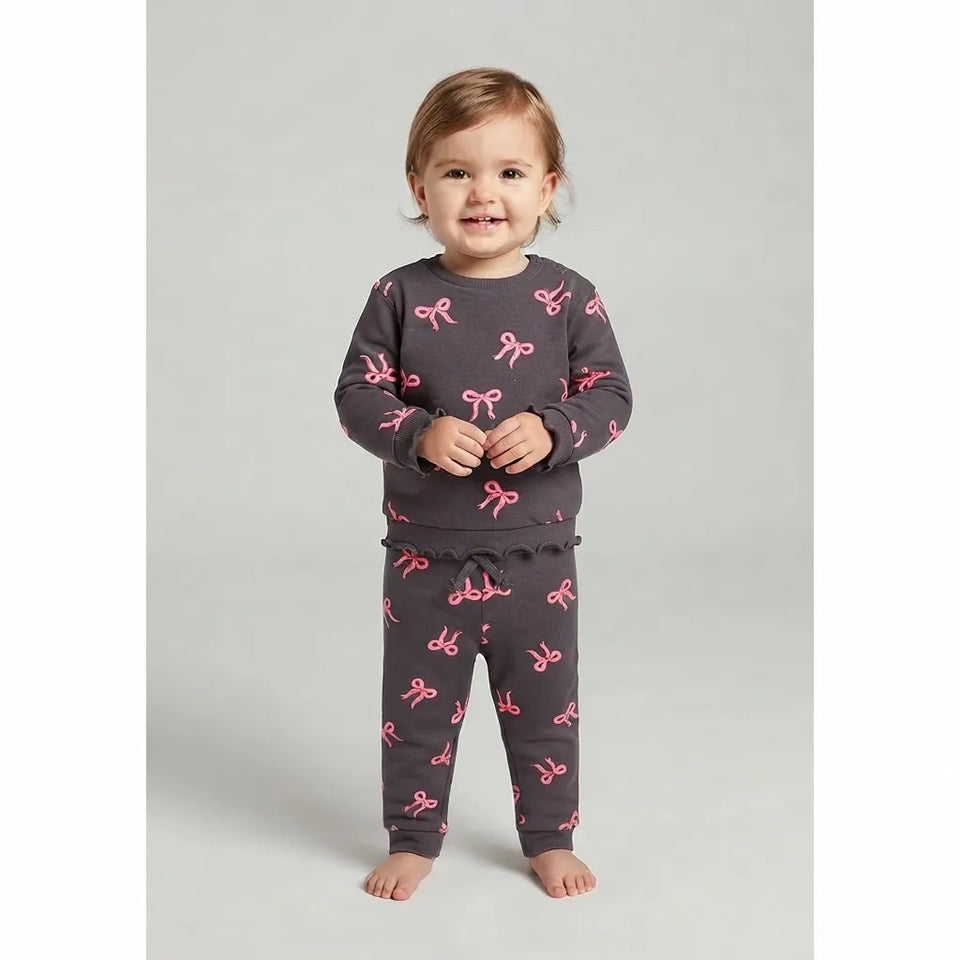 Sinsay Baby Girl's Dark Grey with Pink Bows All Over Printed Set