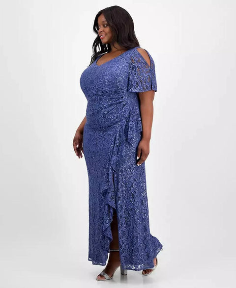 Alex Evenings Women’s Dusty Blue Plus Size V-Neck Ruffle-Trim-Slit Sequin Dress|Alex Evenings In Lebanon