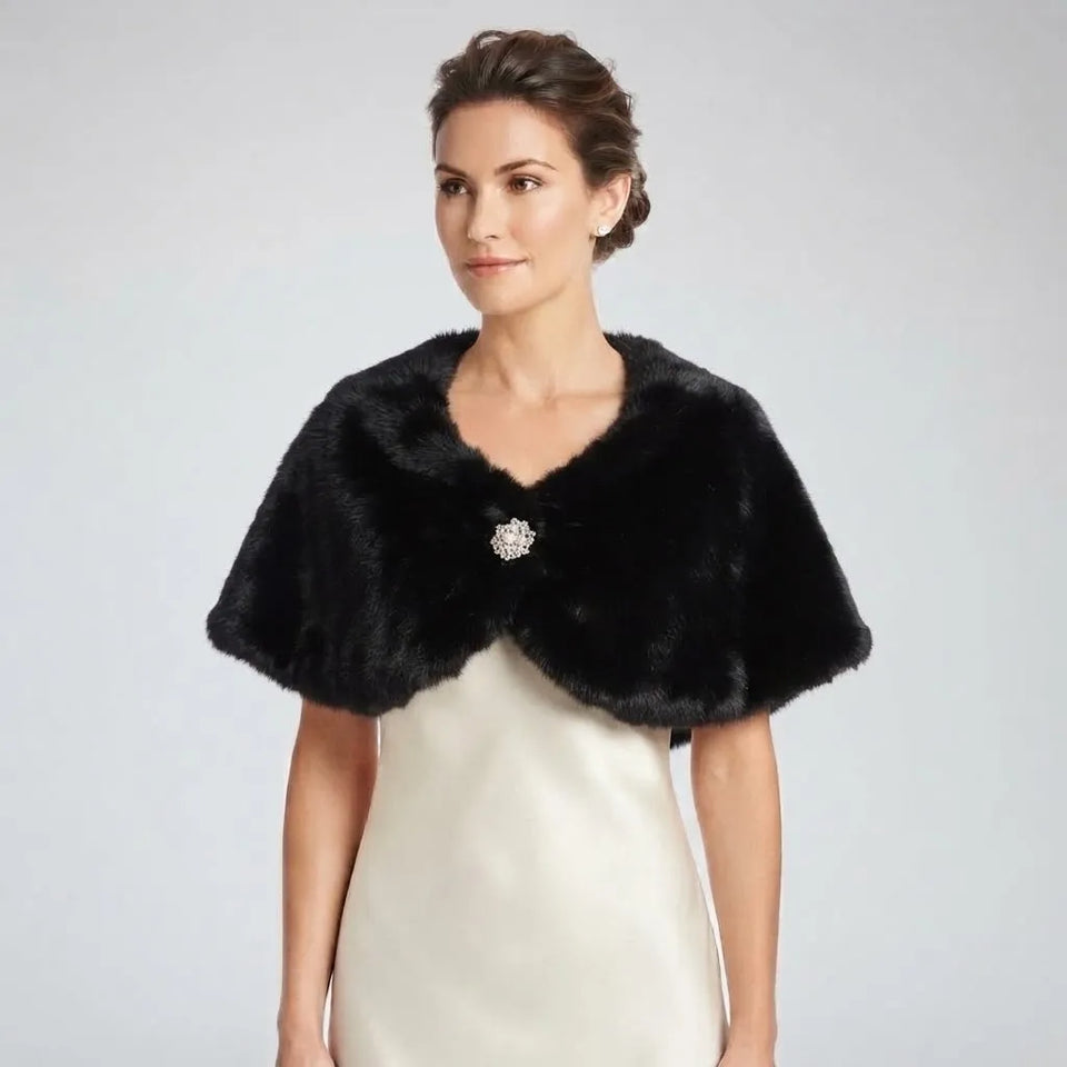 MSK Women's Black Elegant Faux Fur Bridal Shawl Cardigan