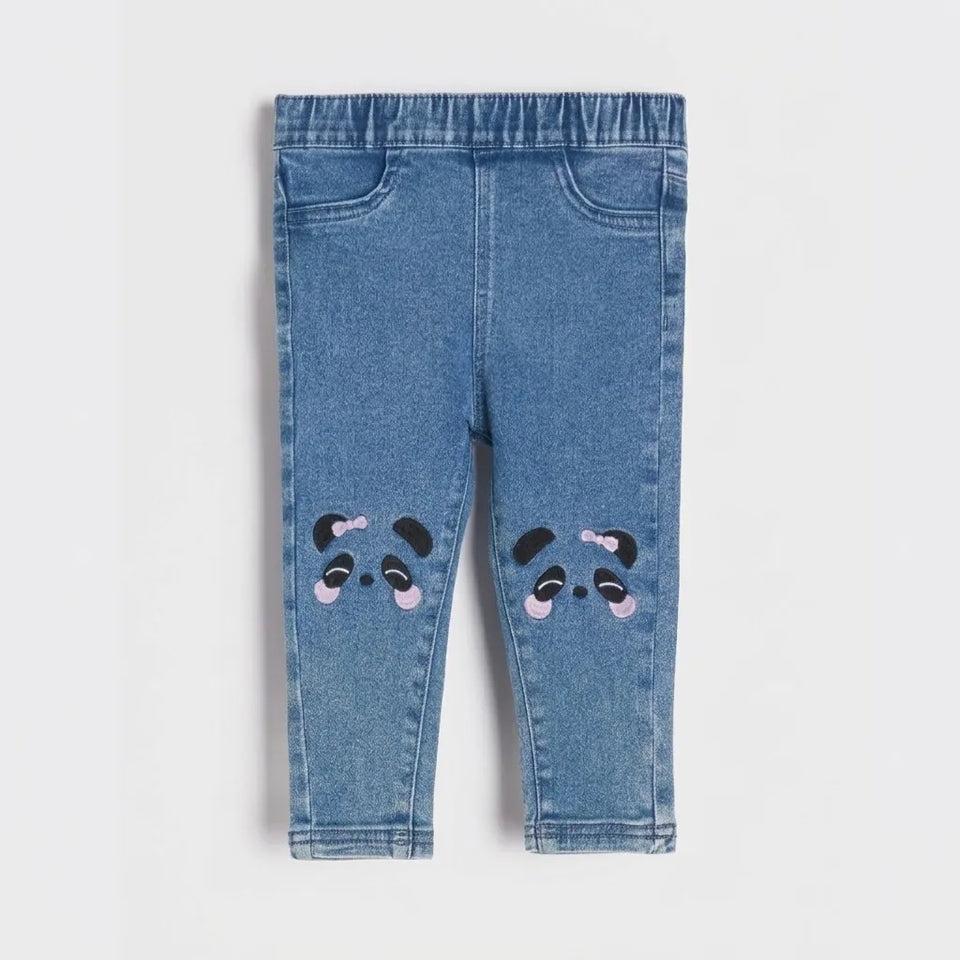Light blue denim baby leggings with embroidered panda faces on the lower legs, shown flat against a light gray background.