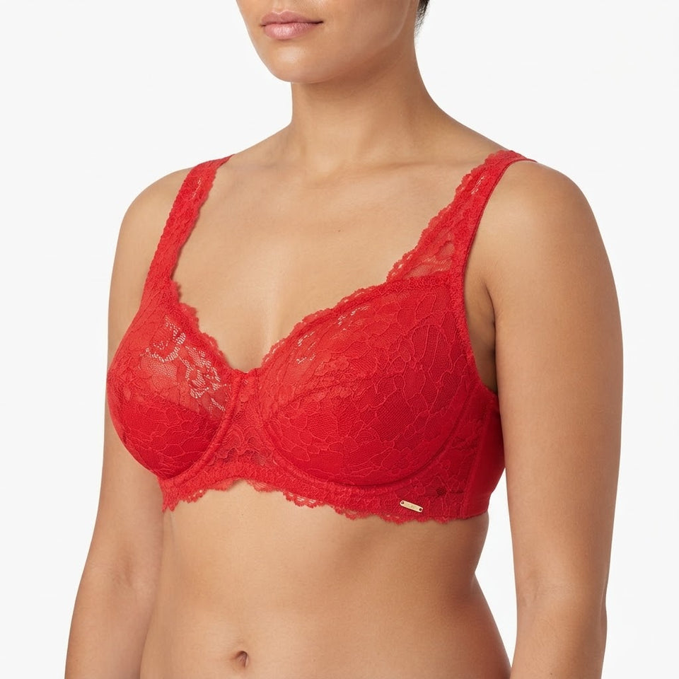 Eco Women's Red Lace Underwire Gold Charm Accent Bra
