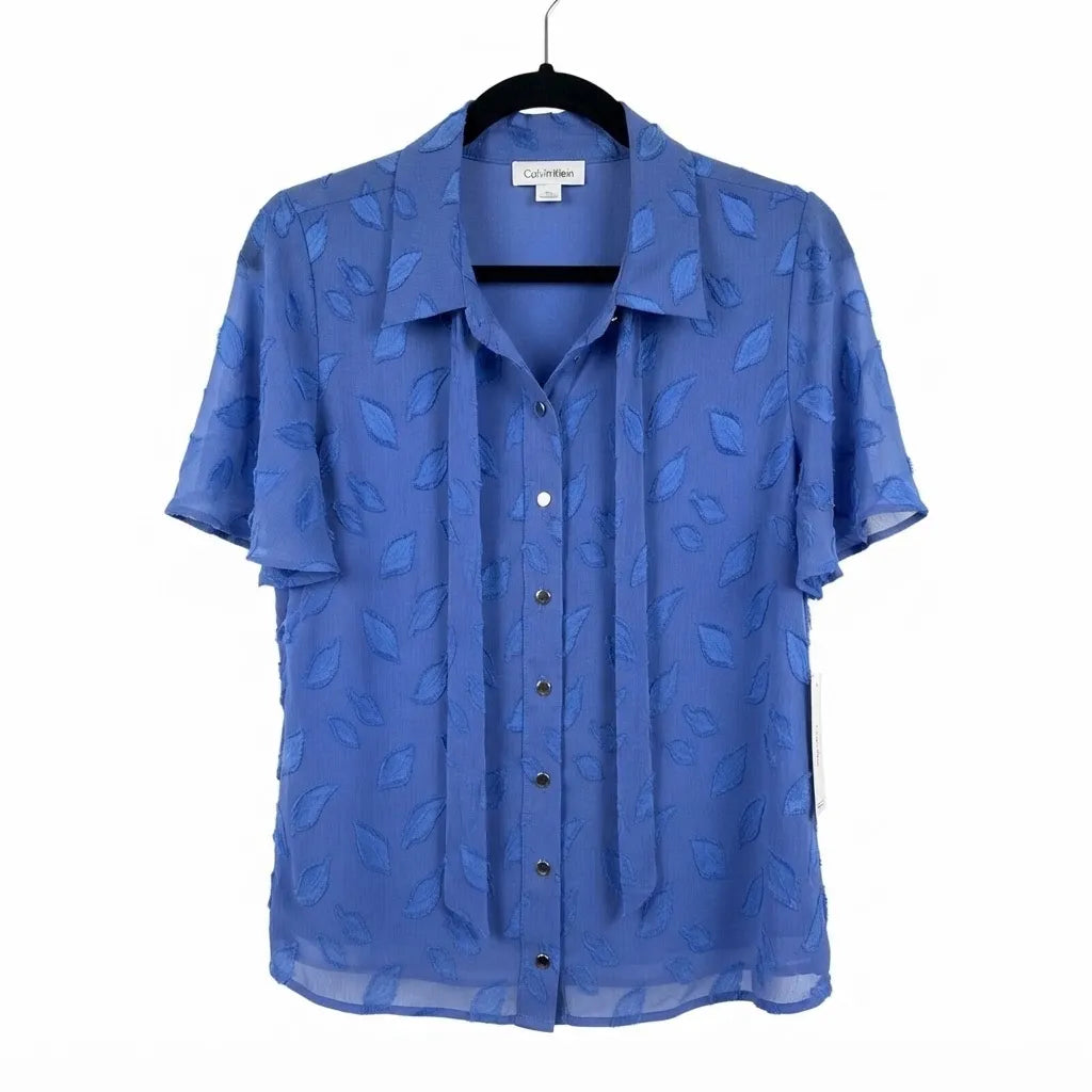 Calvin Klein Women's Blue Tie-Neck Tonal Leaf Pattern Short-Sleeve Shirt