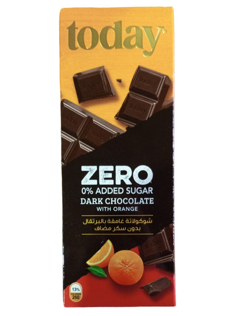 Box of 'today Zero' dark chocolate with orange on a stack of similar boxes.