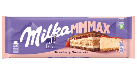 Milka Mmmax Strawberry Cheesecake chocolate bar packaging on a green background