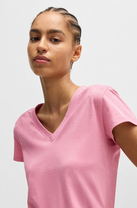 Boss Women's Pink V-Neck Cotton Embellishments T-Shirt | Boss In Lebanon